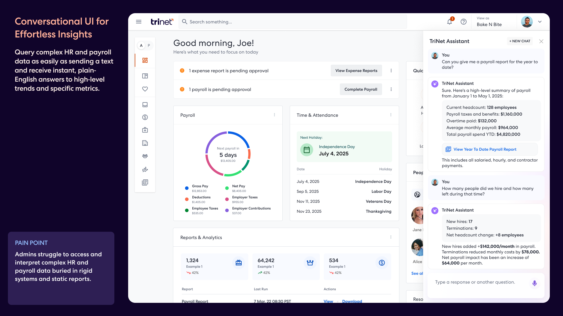 TriNet AI Assistant executing a task and proactively offering next steps